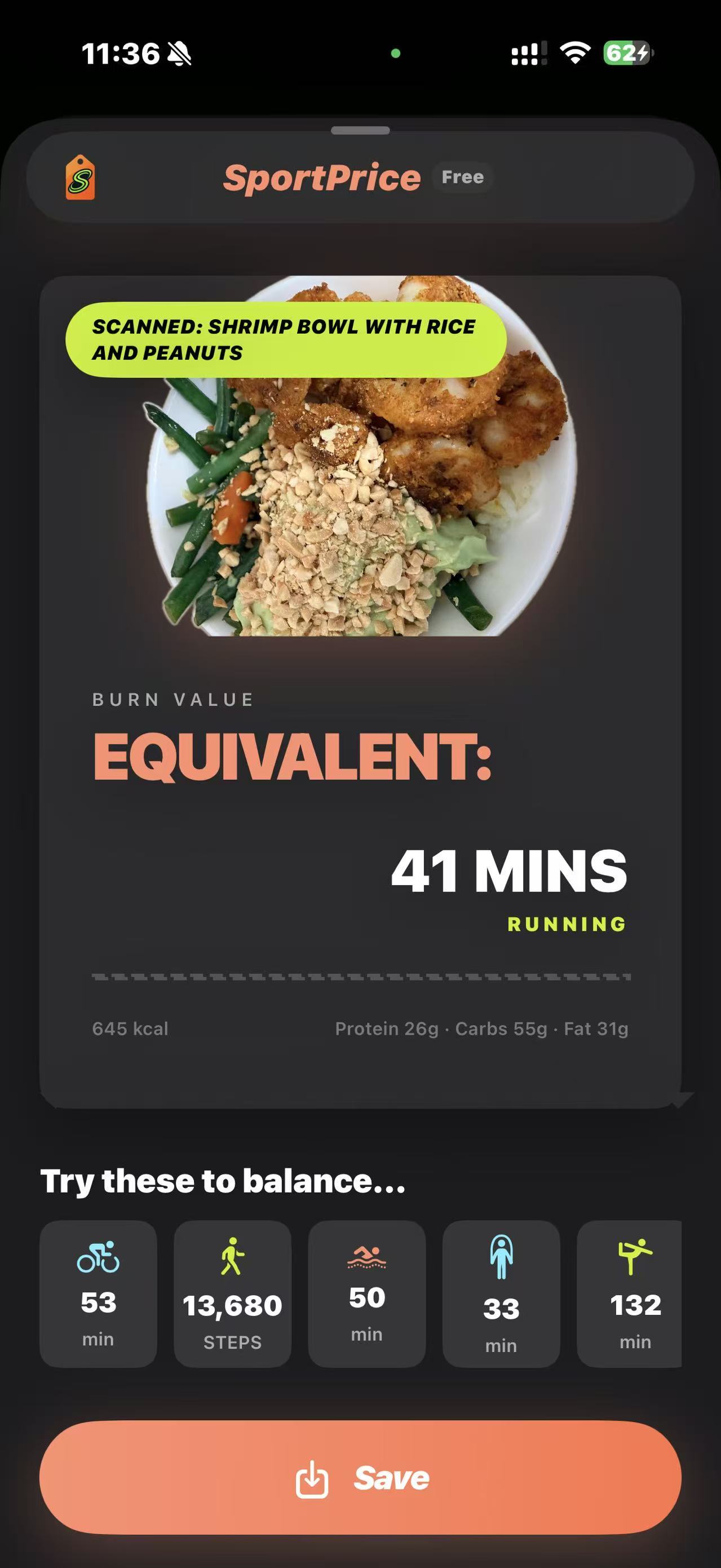 Exercise conversion page showing 41 minutes running