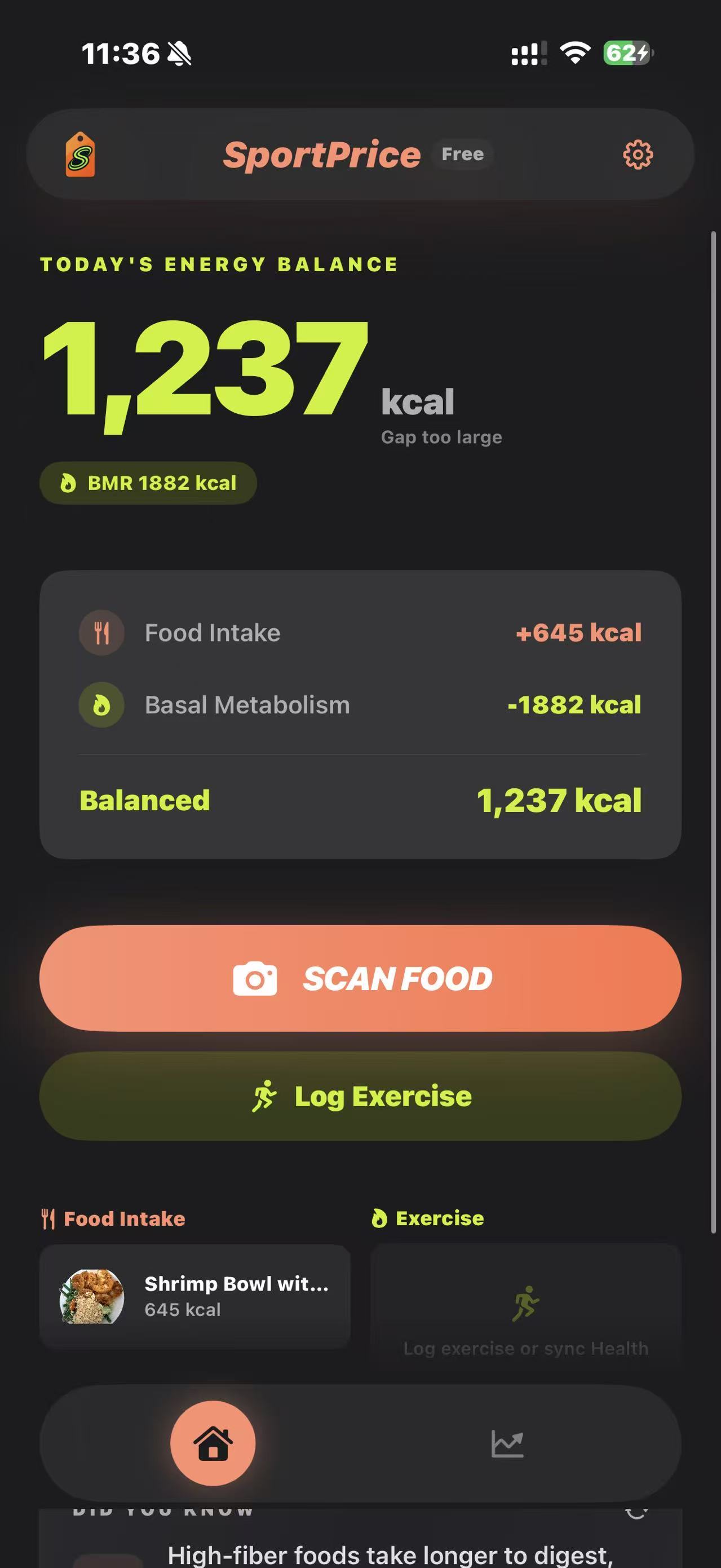 Home screen showing energy balance of 1,237 kcal