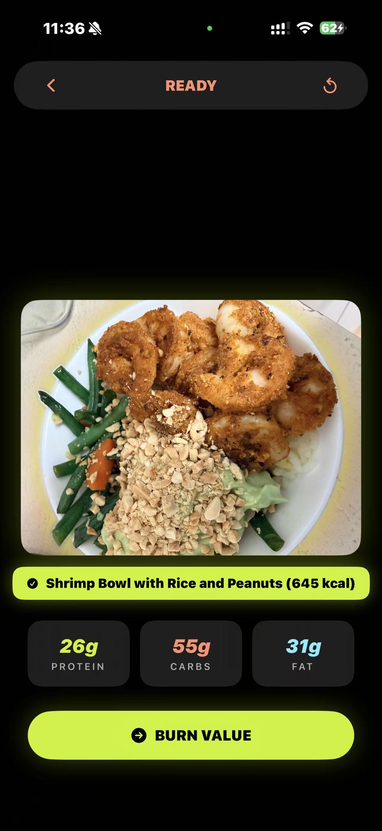 AI food scan showing shrimp bowl with calories and macros